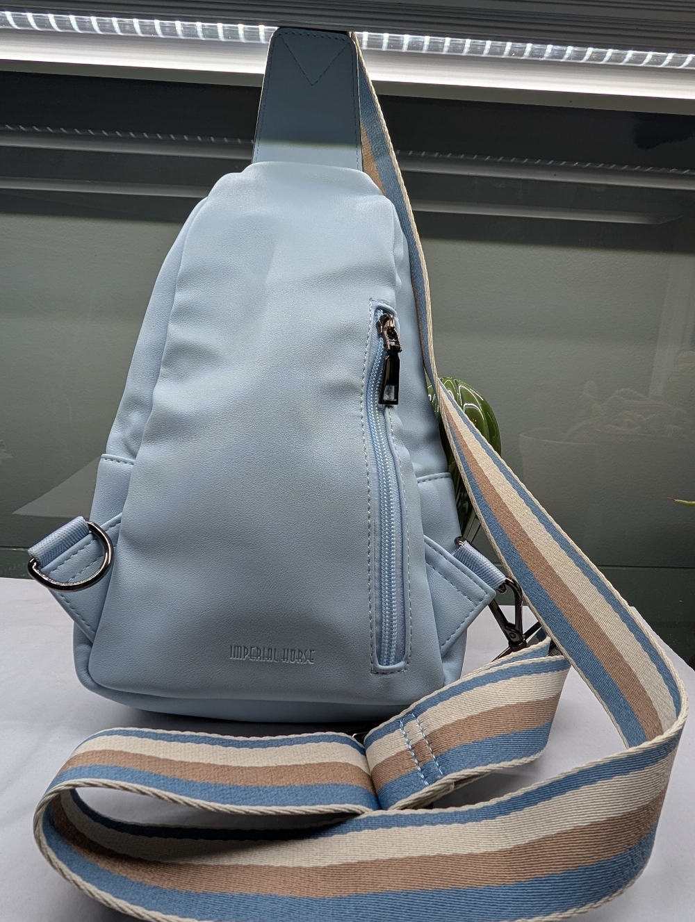 Light Blue Sling-Crossbody Bag with Striped Strap - Picture 2 of 6